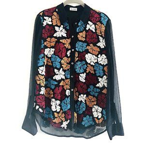 Suno Vintage Sheer Navy Blue Floral Embroidered Blouse